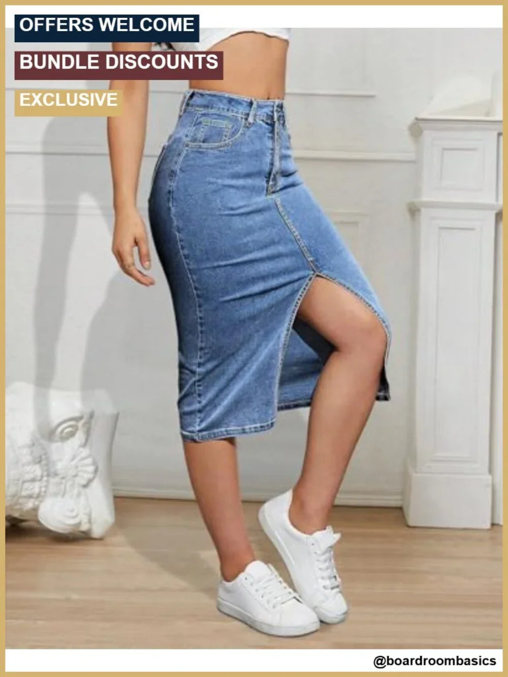 High Waist Midi Denim Pencil Skirt with Slit and Pockets